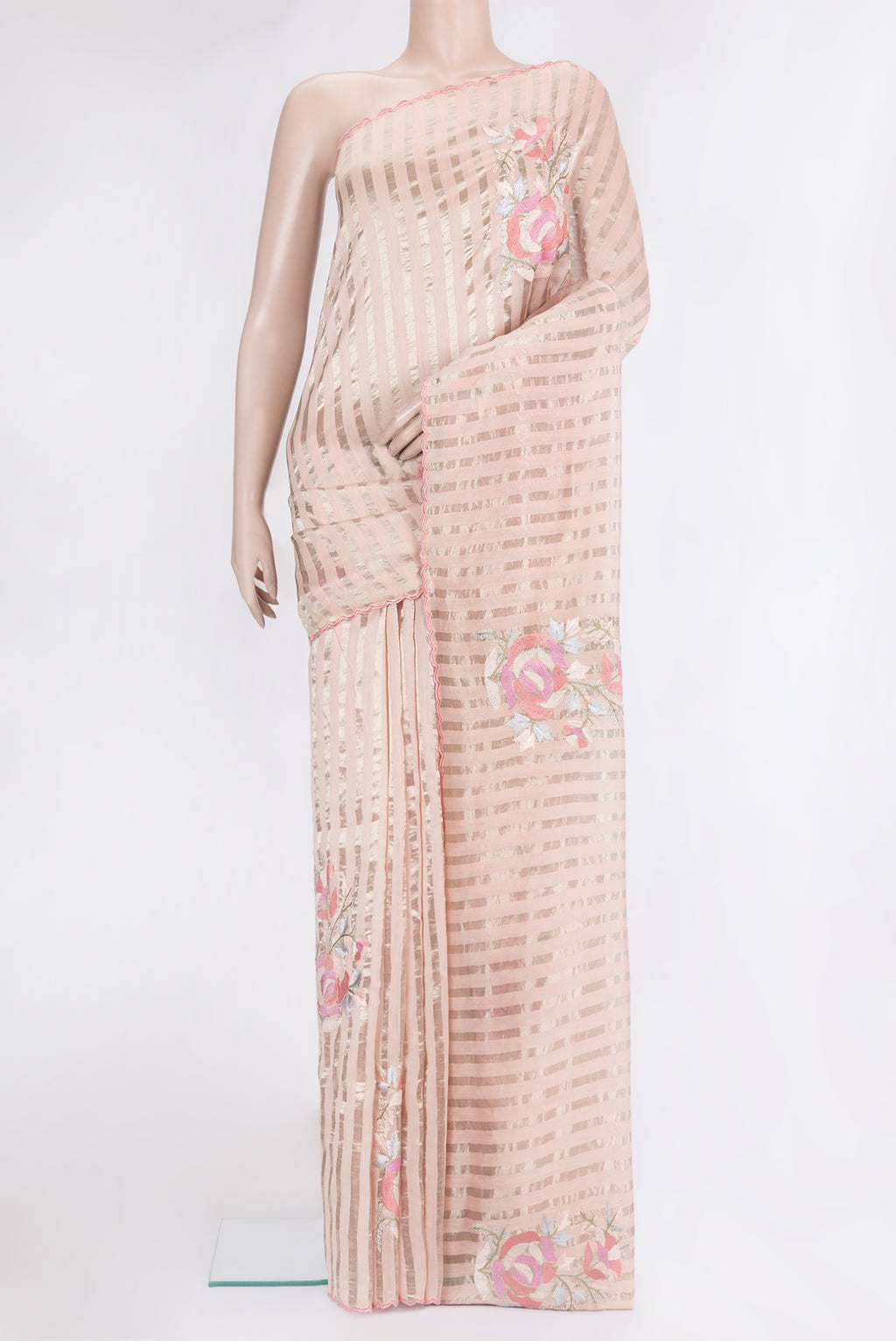 Rose pink Tussar Silk Saree with Stripes on the body and Embroidery Border.  displayed on a mannequin