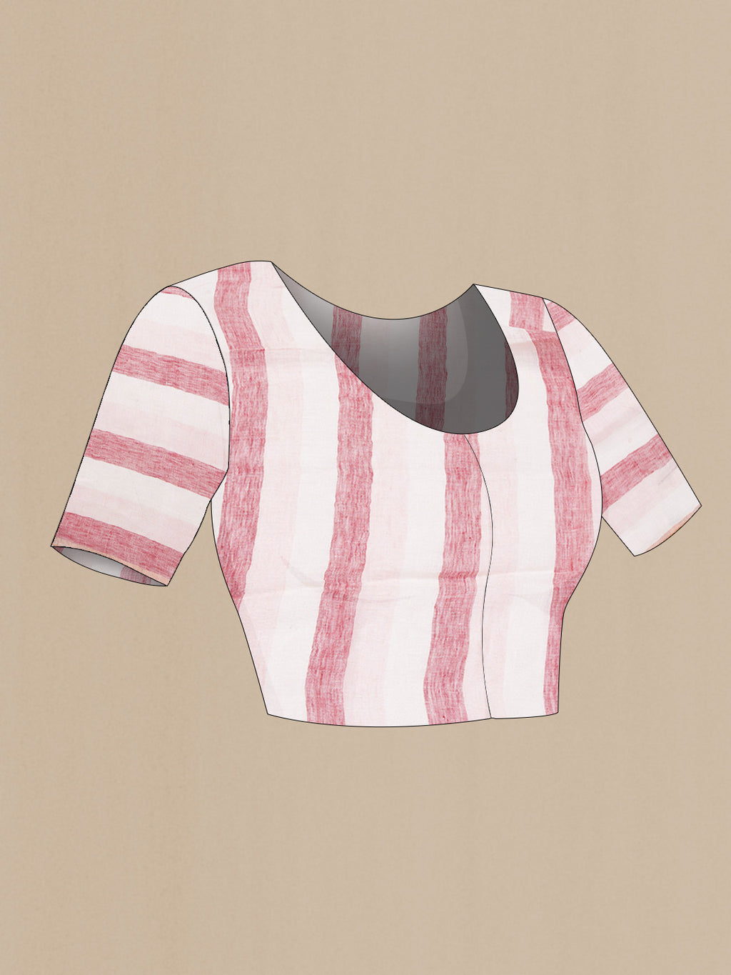 Close up image of the blouse of Beige and Maroon Color Linen Saree with Stripes on the body and Zari Border. 