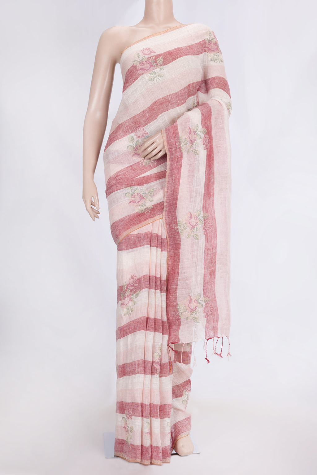 Beige and Maroon Color Linen Saree with Stripes on the body and Zari Border.  displayed on a mannequin