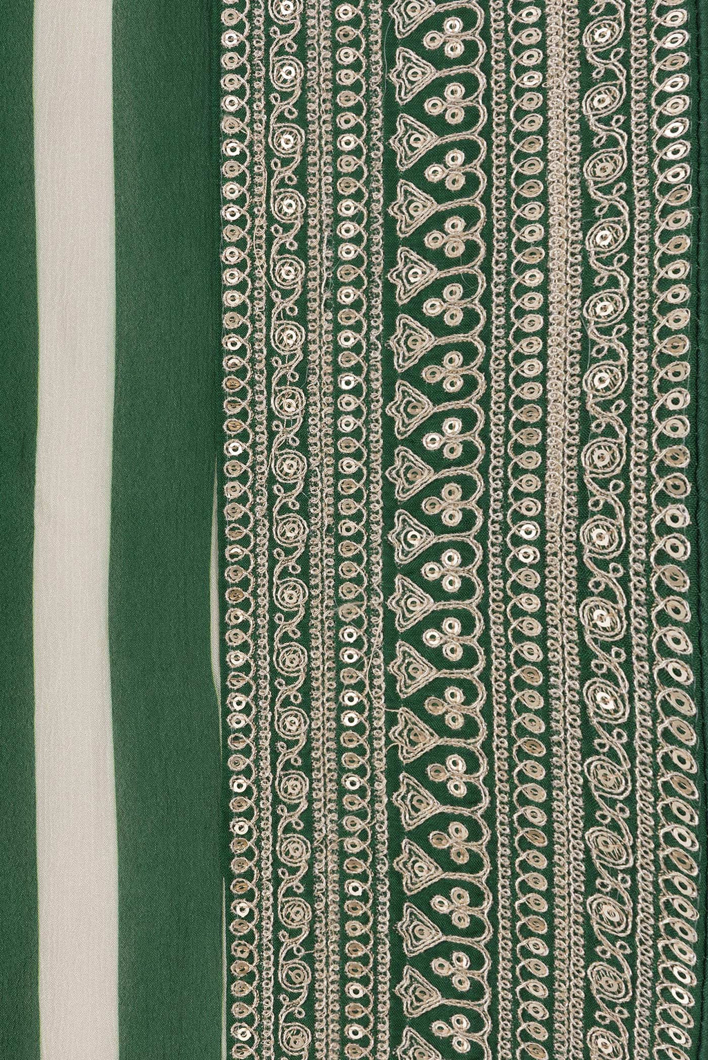 Border image of Off White and Green Color Mysore Crepe Saree with Printed design on the body and Embroidery Border. 
