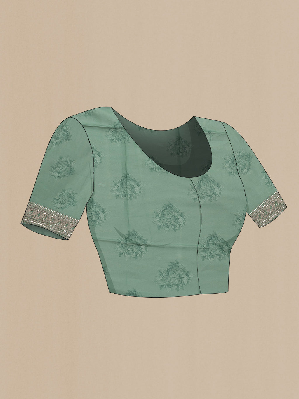 Close up image of the blouse of Sea Green Dual Tone Mysore Georgette Saree with Printed design on the body and Embroidery Border. 