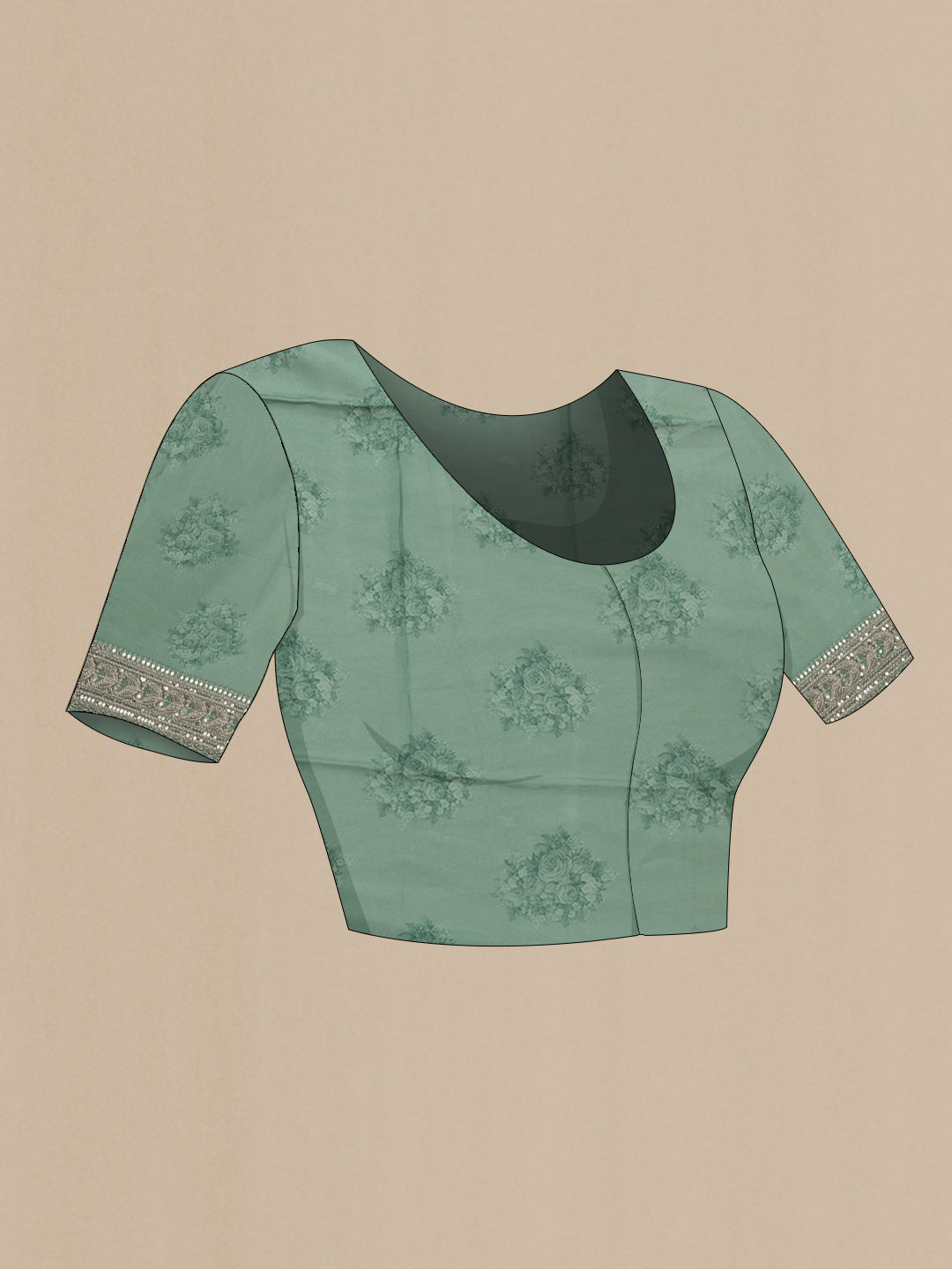 Close up image of the blouse of Sea Green Dual Tone Mysore Georgette Saree with Printed design on the body and Embroidery Border. 
