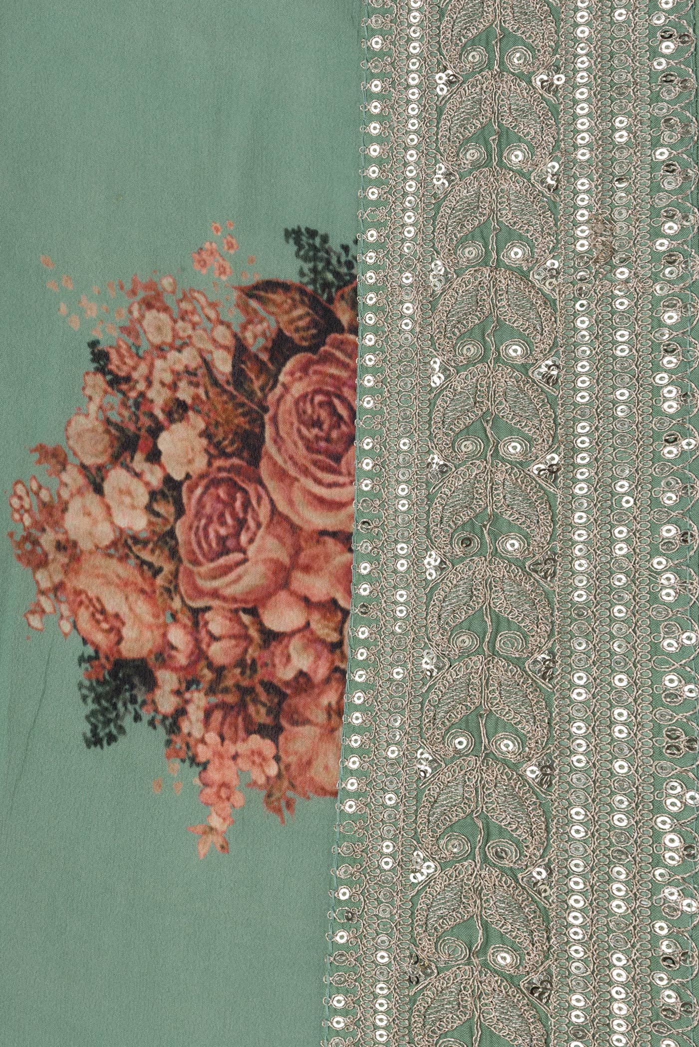 Border image of Sea Green Dual Tone Mysore Georgette Saree with Printed design on the body and Embroidery Border. 