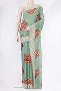 Sea Green Dual Tone Mysore Georgette Saree with Printed design on the body and Embroidery Border.  displayed on a mannequin
