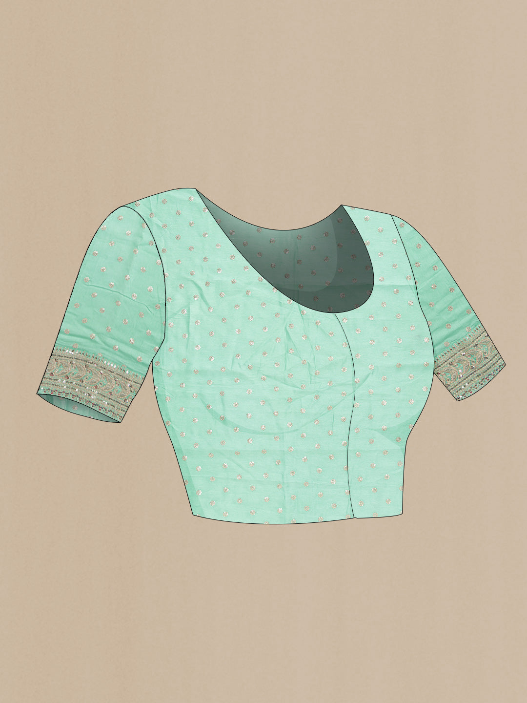 Close up image of the blouse of Pista Green Dual Tone Mysore Georgette Saree with Printed design on the body and Embroidery Border. 