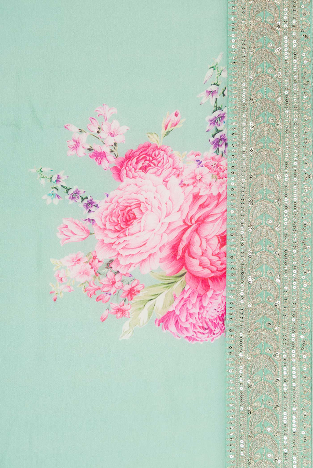 Border image of Pista Green Dual Tone Mysore Georgette Saree with Printed design on the body and Embroidery Border. 