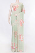 Light Green Dual Tone Mysore Crepe Saree with Stripes on the body and Embroidery Border displayed on a mannequin