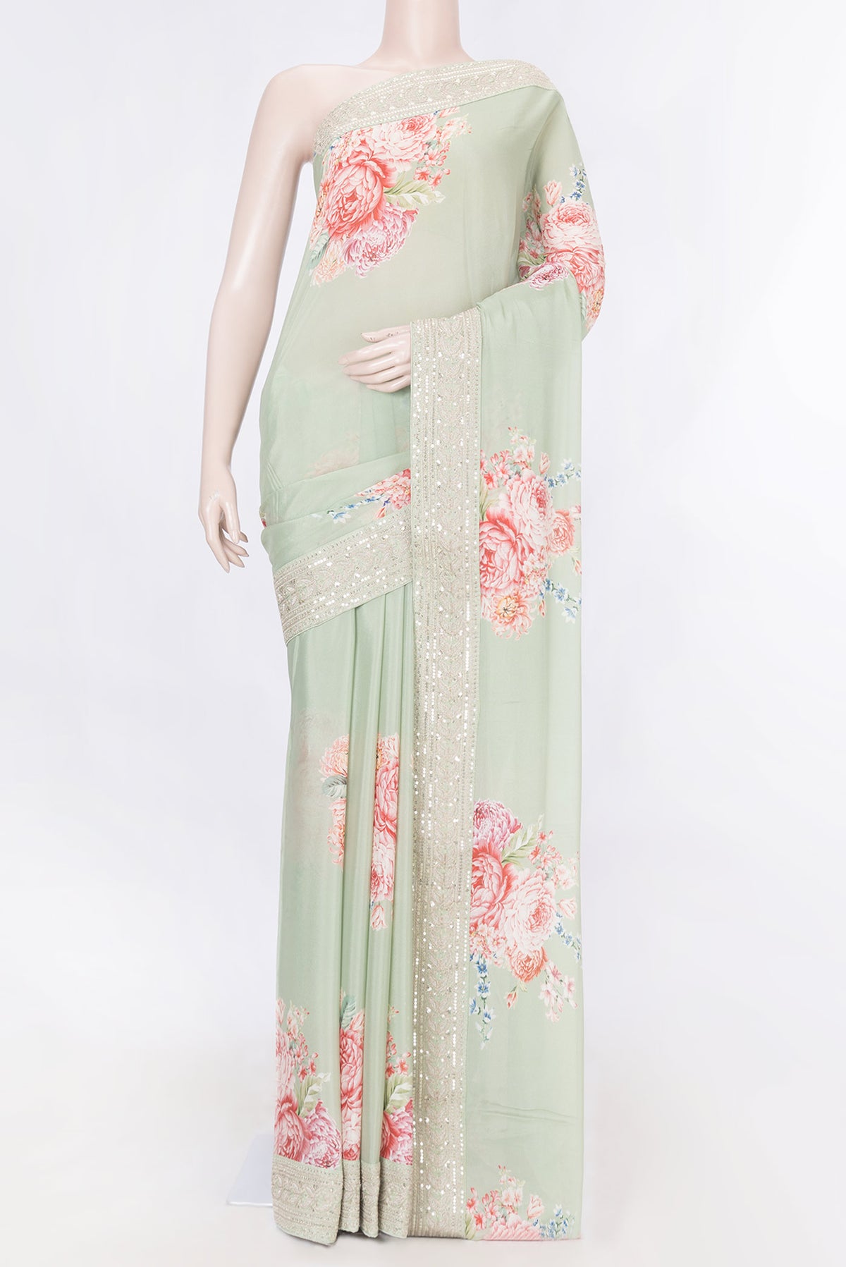 Light Green Dual Tone Mysore Crepe Saree with Stripes on the body and Embroidery Border displayed on a mannequin