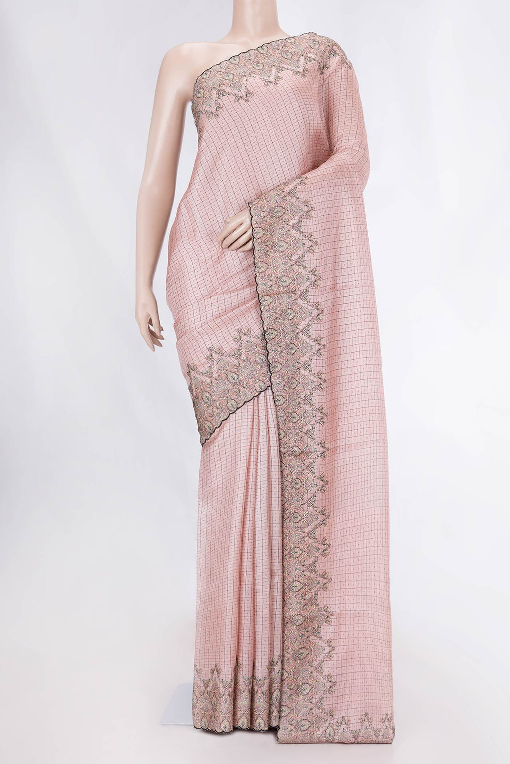 Rose Gold Tussar Silk Saree with Checked design on the body and Embroidery Border displayed on a mannequin