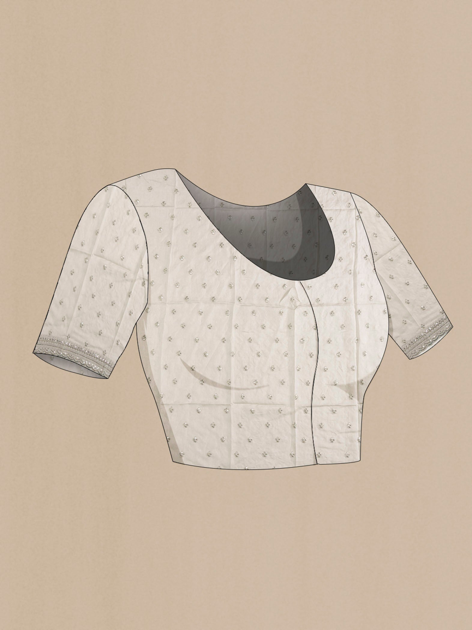 Close up image of the blouse of Grey Tussar Silk SareePrinted design on the body and Embroidery Border