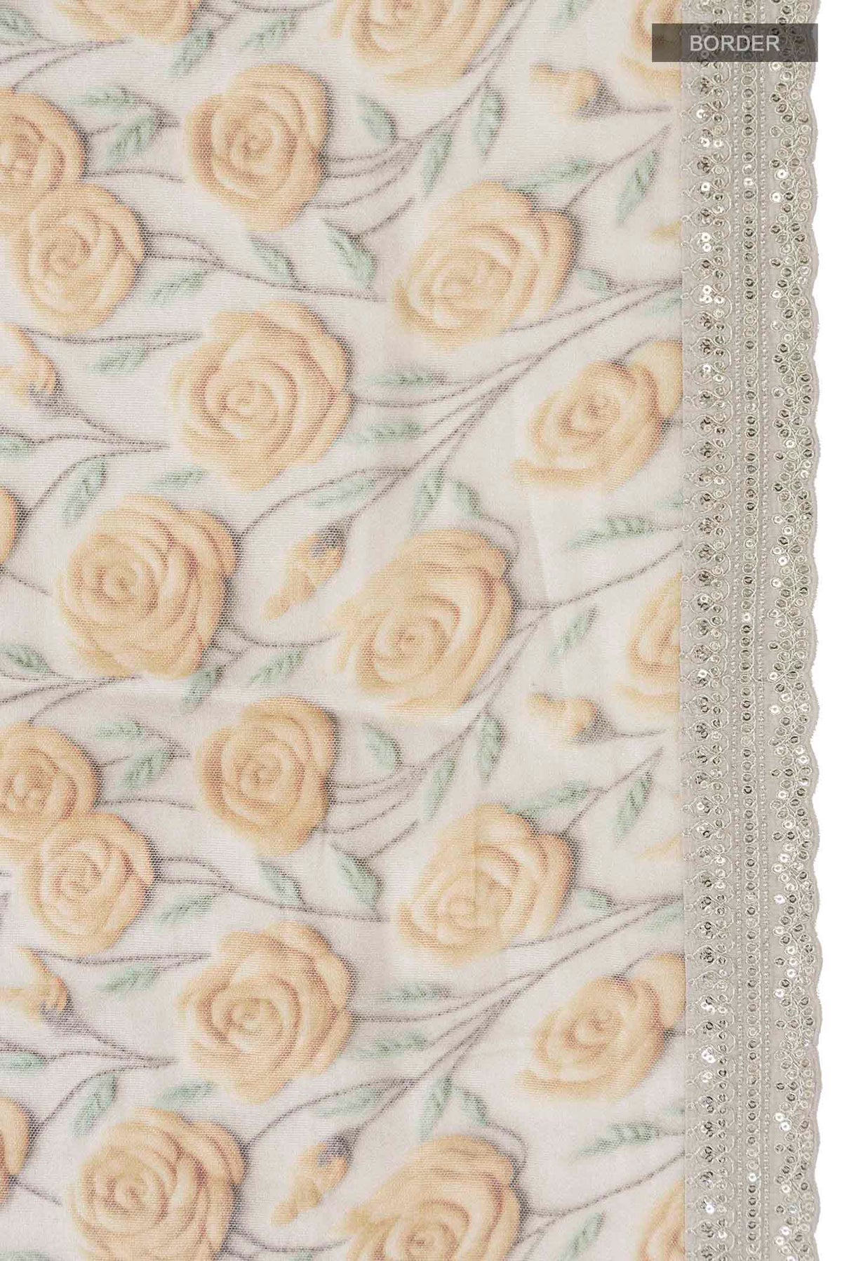 Border image of Grey Tussar Silk SareePrinted design on the body and Embroidery Border