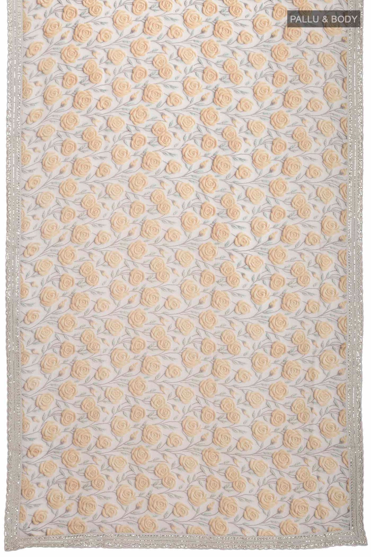 Flat view of Grey Tussar Silk SareePrinted design on the body and Embroidery Border