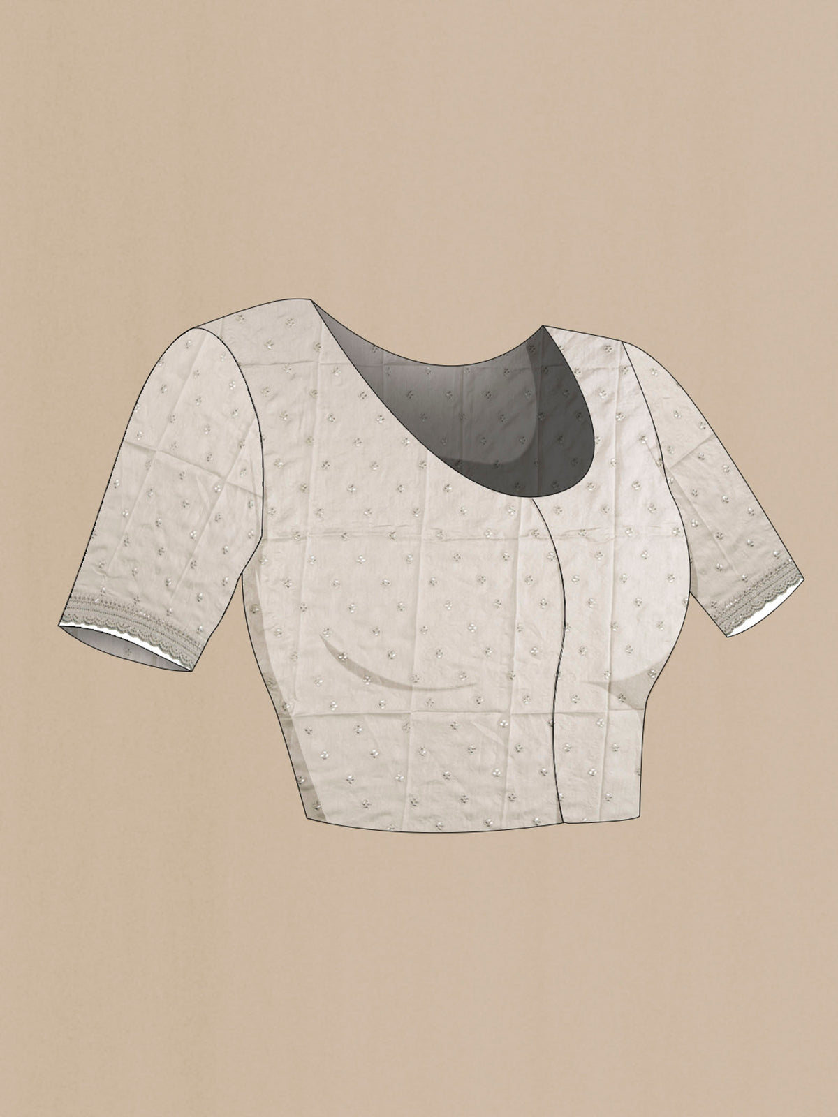 Close up image of the blouse of Grey Tussar Silk SareePrinted design on the body and Embroidery Border