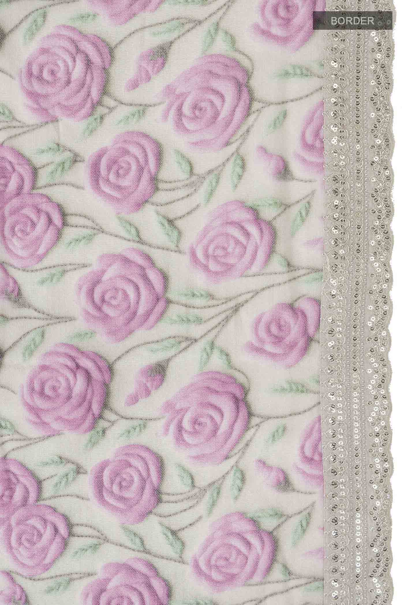 Border image of Grey Tussar Silk SareePrinted design on the body and Embroidery Border