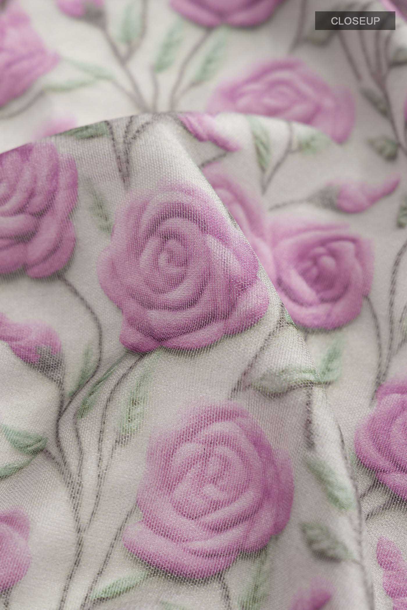 Close up of Grey Tussar Silk SareePrinted design on the body and Embroidery Border displaying folds