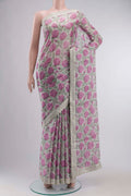 Grey Tussar Silk SareePrinted design on the body and Embroidery Border displayed on a mannequin