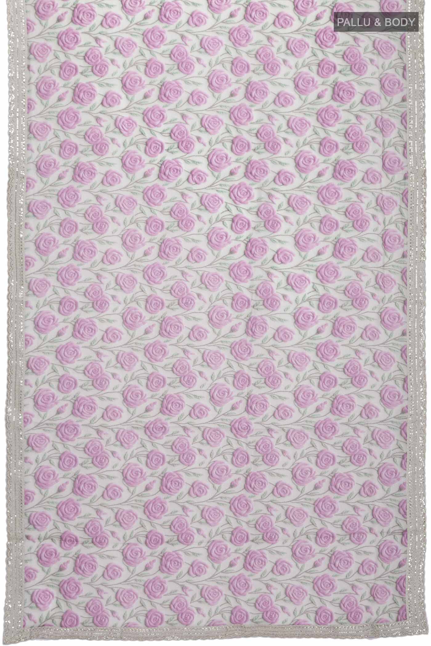 Flat view of Grey Tussar Silk SareePrinted design on the body and Embroidery Border