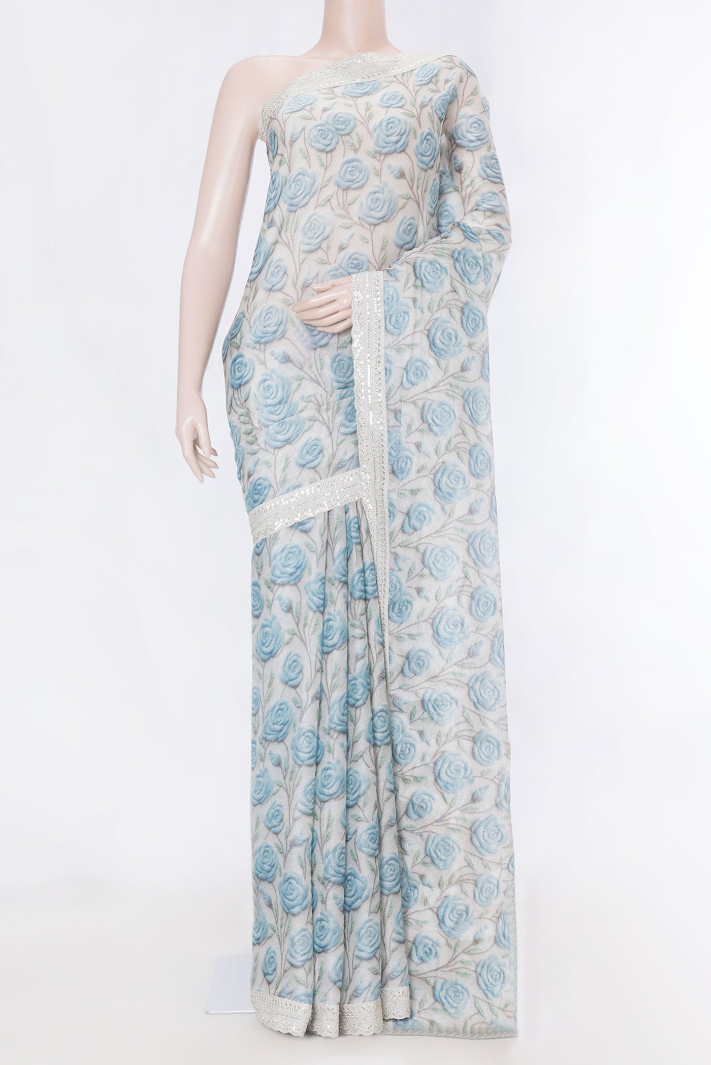 Grey Dual Tone Georgette SareePrinted design on the body and Embroidery Border displayed on a mannequin