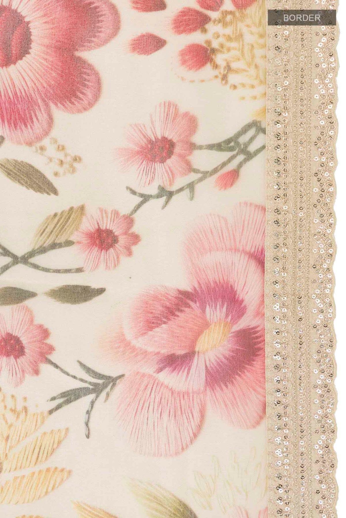 Border image of Cream Tissue Silk SareePrinted design on the body and Embroidery Border