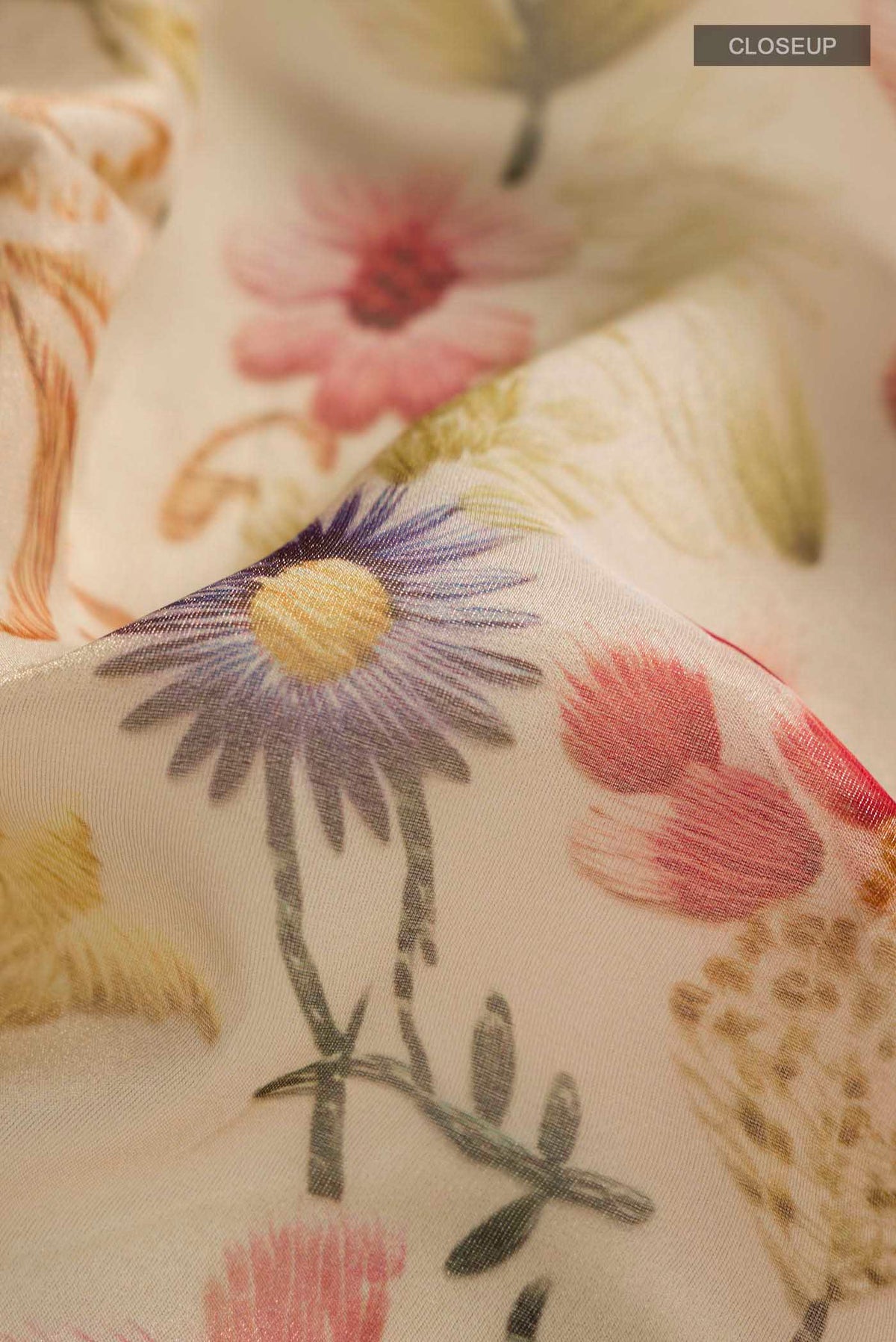 Close up of Cream Tissue Silk SareePrinted design on the body and Embroidery Border displaying folds