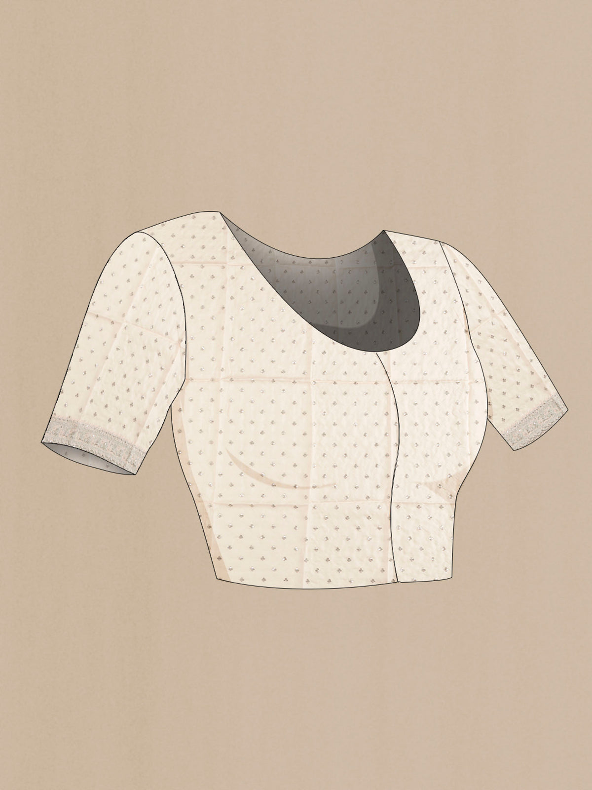 Close up image of the blouse of Cream Crepe SareePrinted design on the body and Embroidery Border