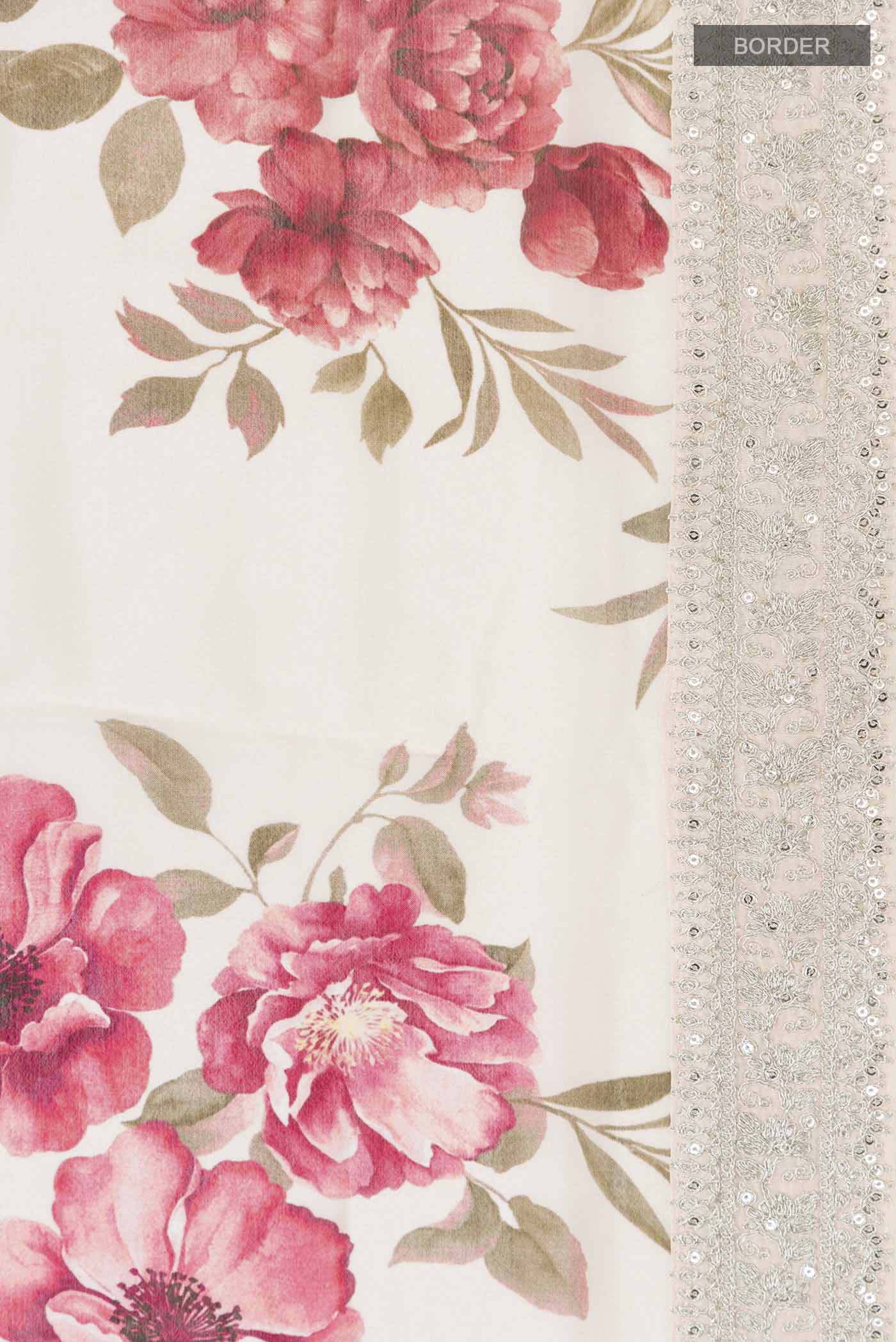 Border image of Cream Crepe SareePrinted design on the body and Embroidery Border