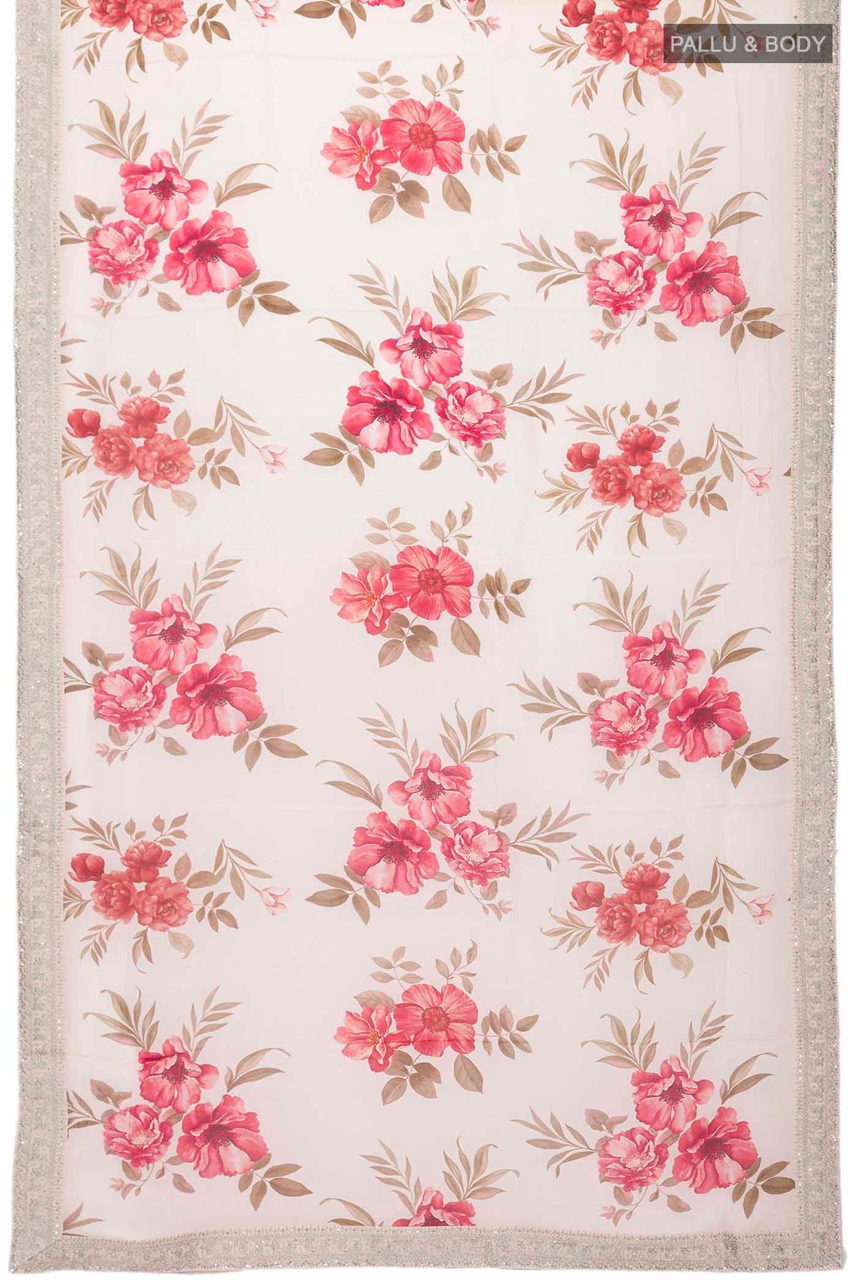Flat view of Cream Crepe SareePrinted design on the body and Embroidery Border