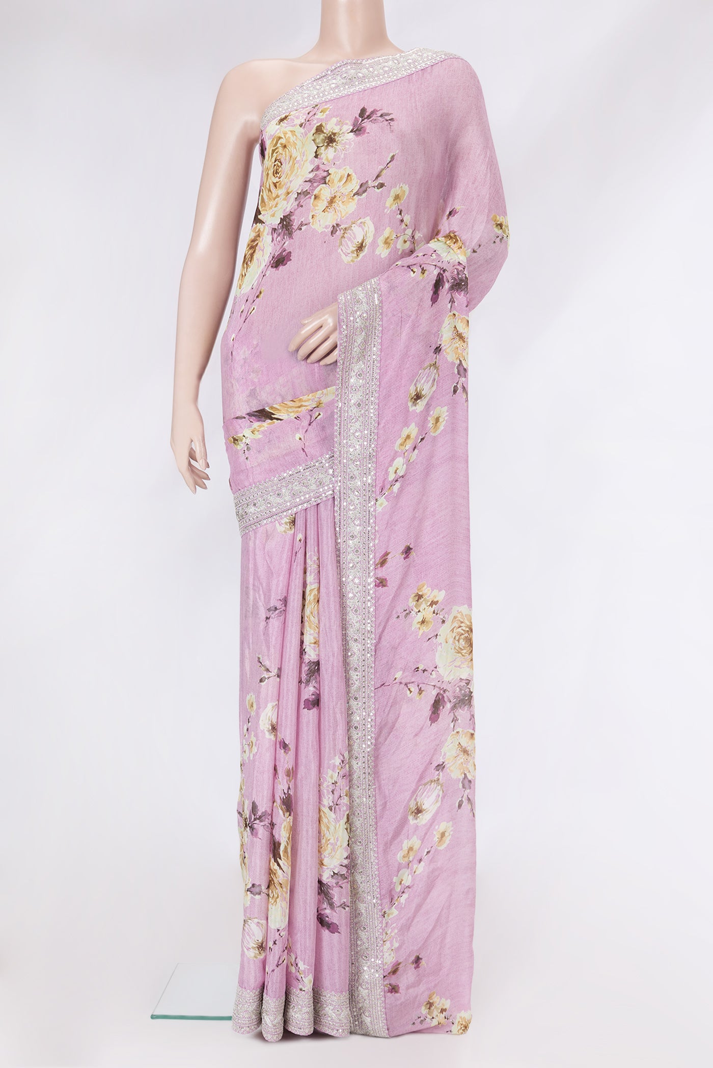 Pink Dual Tone Mysore Georgette Saree with Printed design on the body and Embroidery Border.  displayed on a mannequin