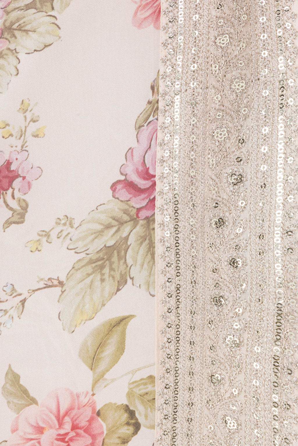 Border image of Rose Gold Dual Tone Mysore Crepe Saree with Printed design on the body and Embroidery Border. 