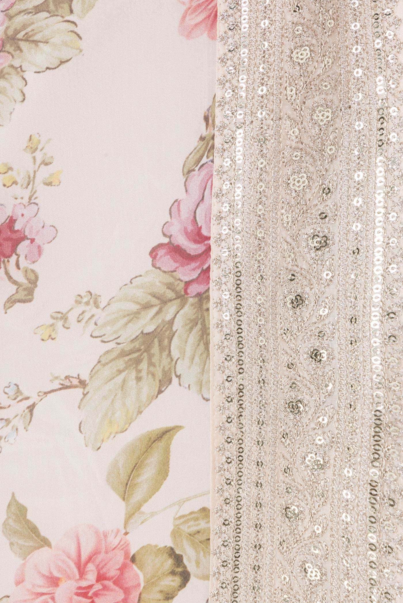 Border image of Rose Gold Dual Tone Mysore Crepe Saree with Printed design on the body and Embroidery Border. 