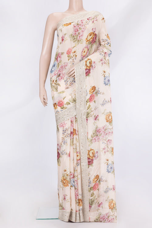 Rose Gold Dual Tone Mysore Crepe Saree with Printed design on the body and Embroidery Border.  displayed on a mannequin