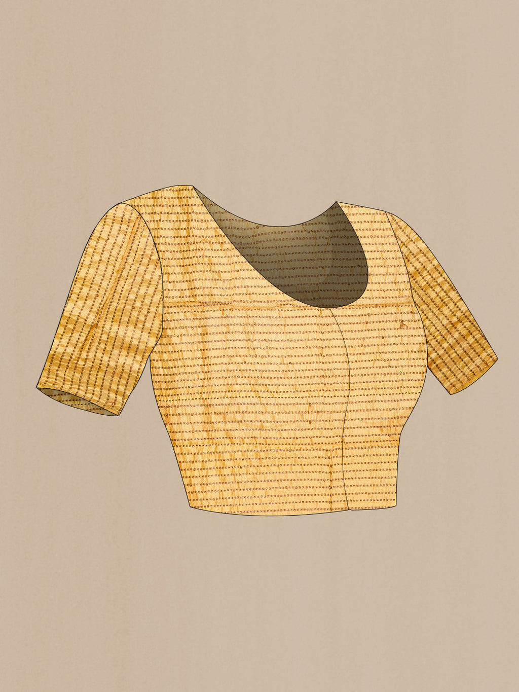 Close up image of the blouse of Sandal Banarasi Tussar Silk Saree with Zari And Thread Butta on the body and Without Border