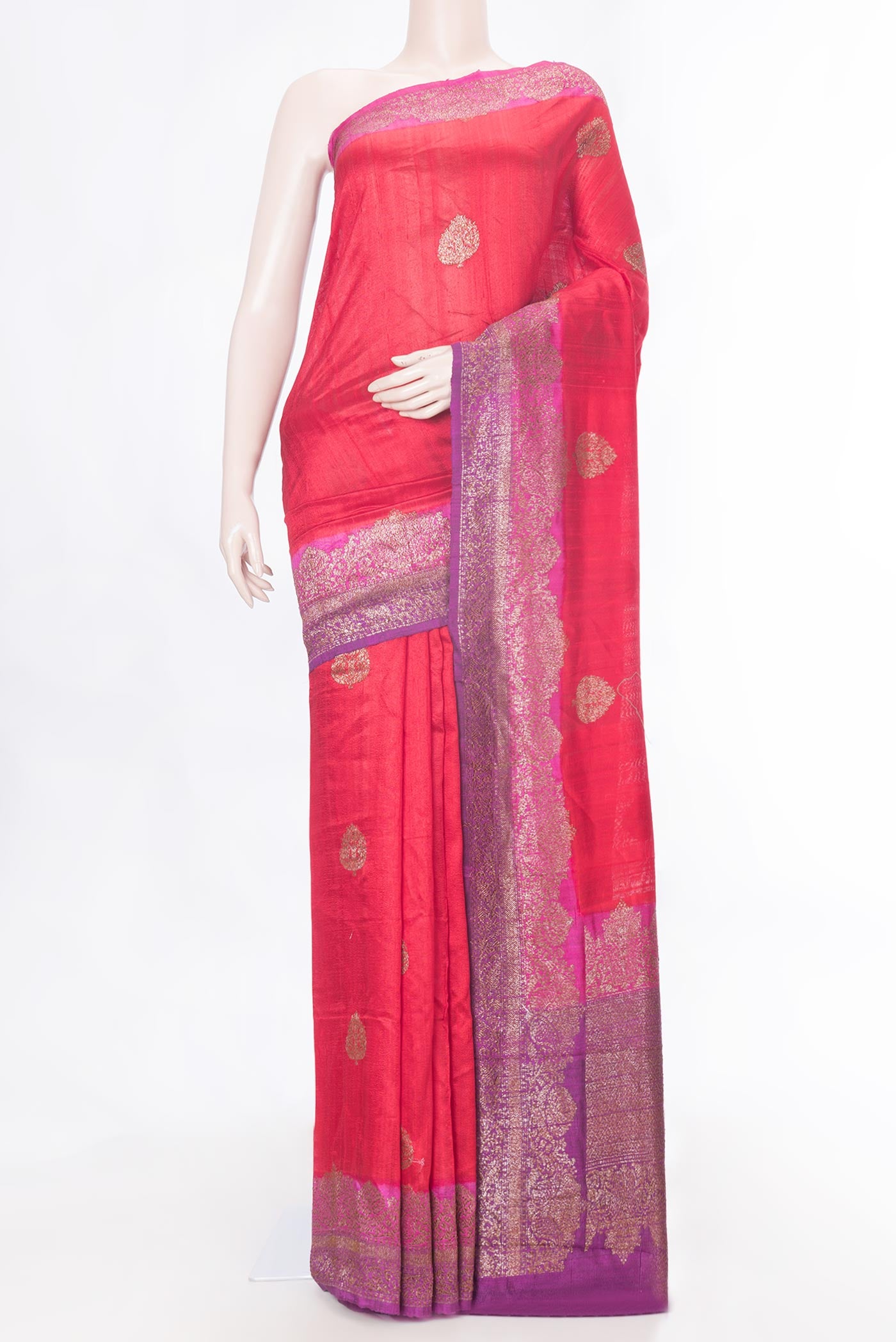 Red Dual Tone Raw Silk Saree with Zari Butta on the body and Zari Border displayed on a mannequin