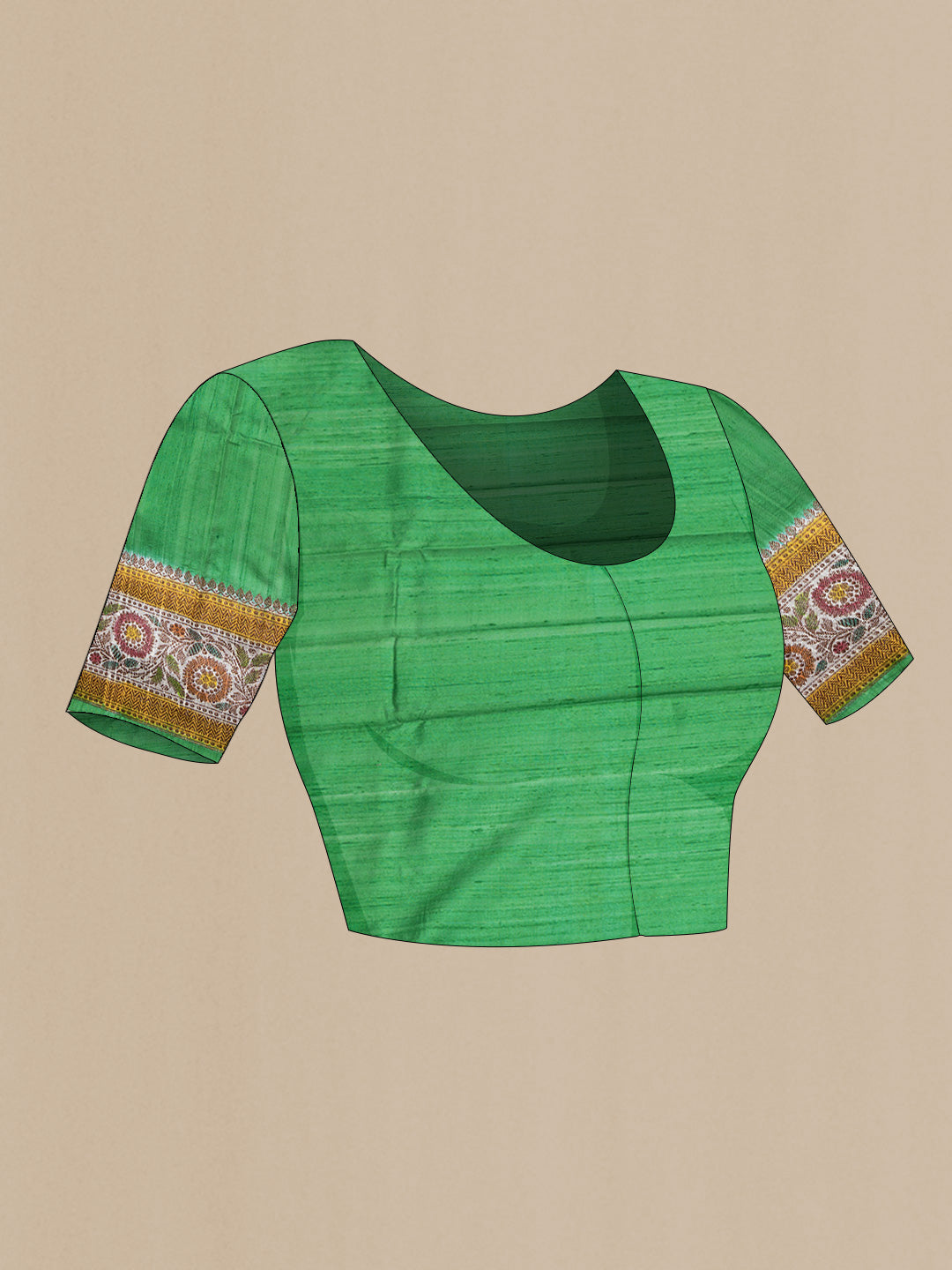 Close up image of the blouse of Red Dual Tone Tussar Saree with Zari Butta on the body and Zari And Thread Border. 
