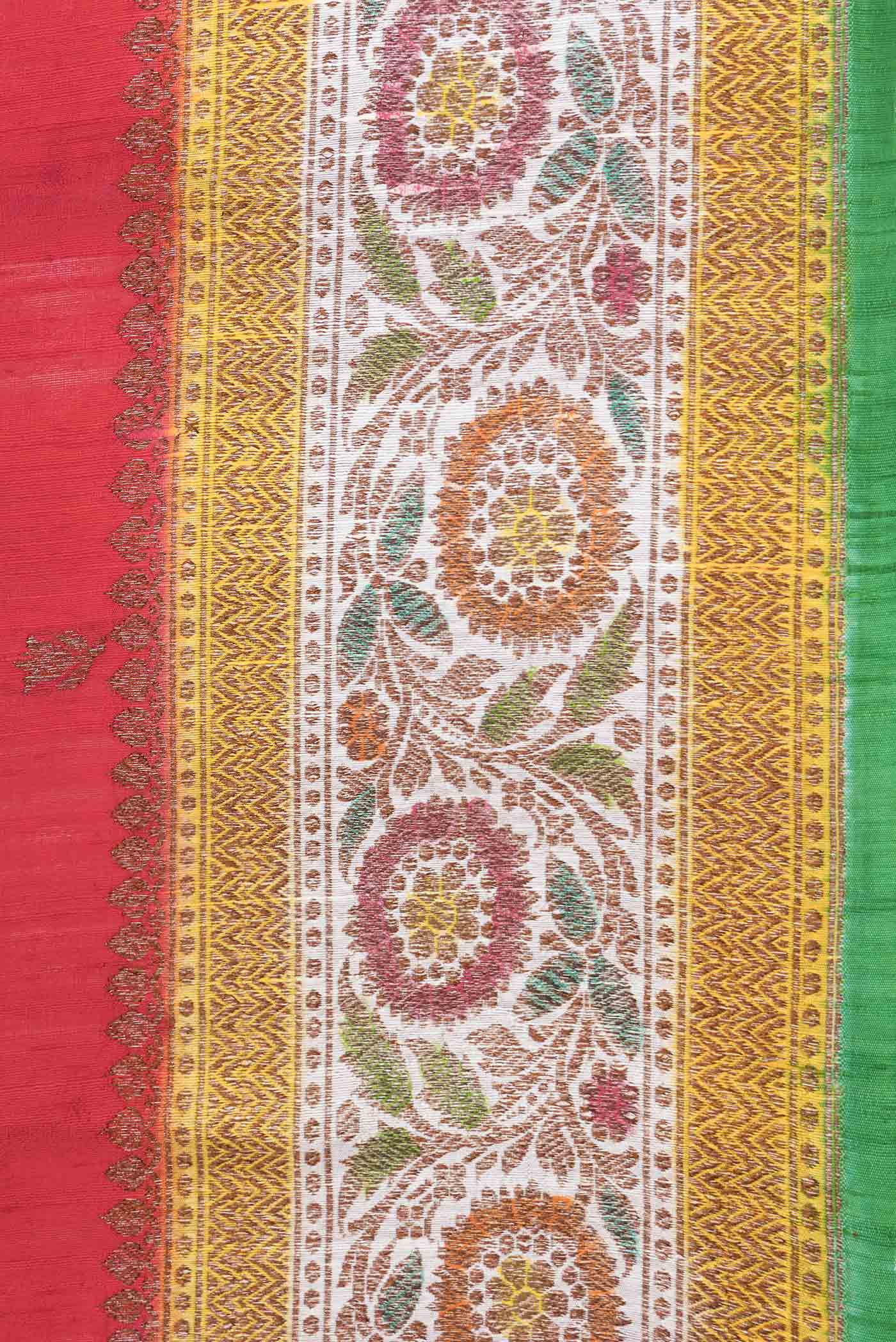 Border image of Red Dual Tone Tussar Saree with Zari Butta on the body and Zari And Thread Border. 