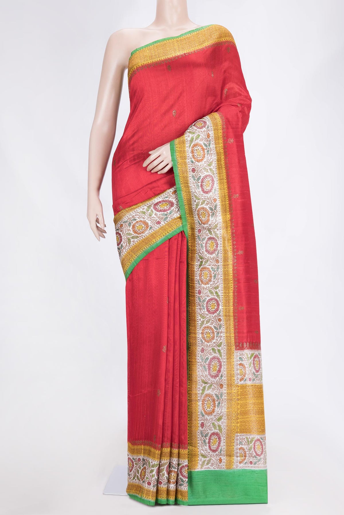 Red Dual Tone Tussar Saree with Zari Butta on the body and Zari And Thread Border.  displayed on a mannequin