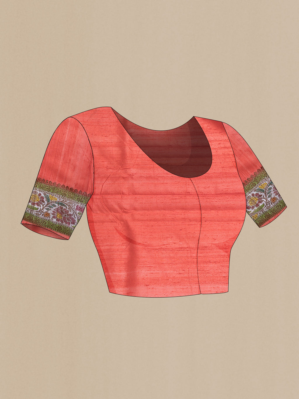 Close up image of the blouse of Brown Dual Tone Tussar Saree with Zari Butta on the body and Zari And Thread Border. 