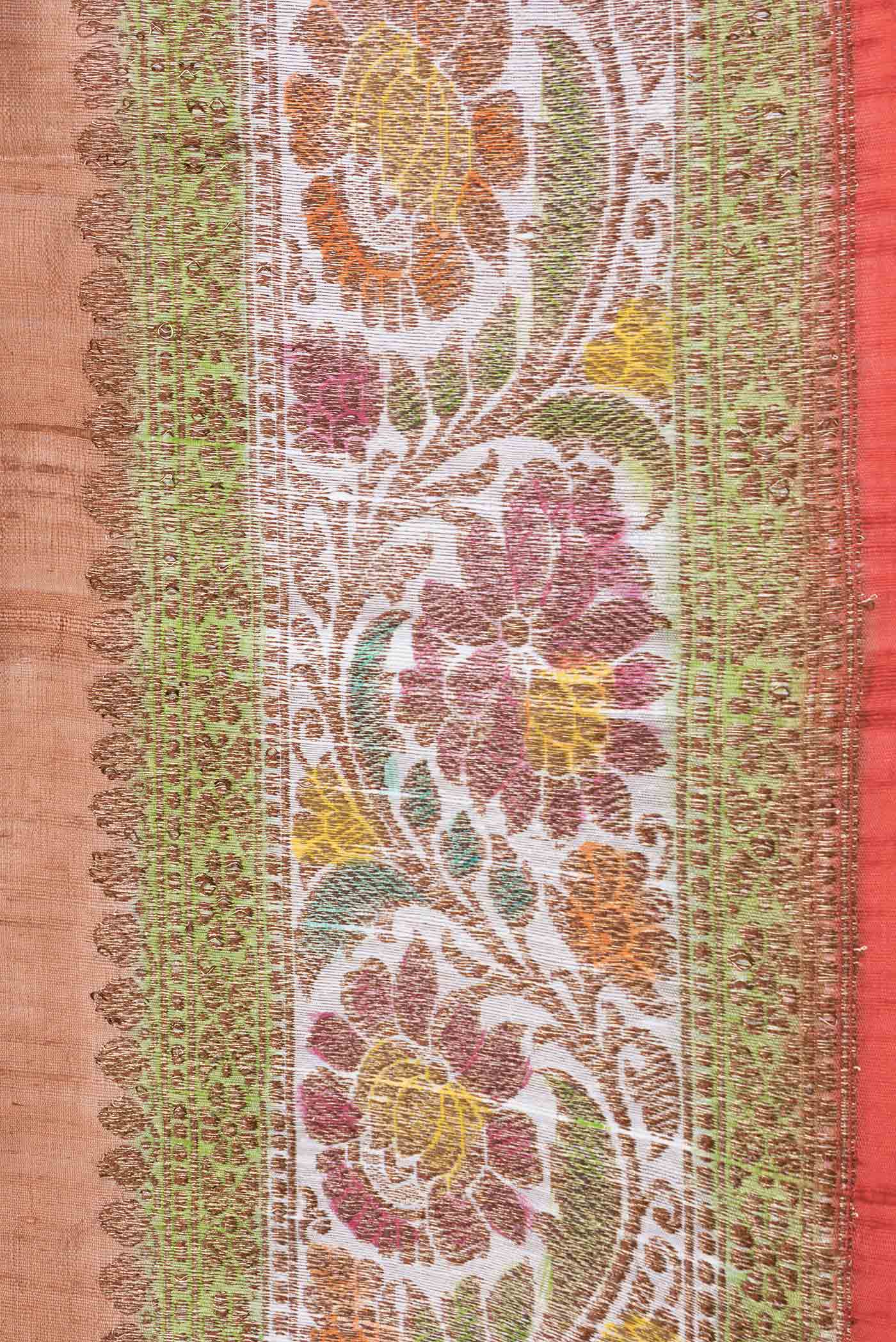 Border image of Brown Dual Tone Tussar Saree with Zari Butta on the body and Zari And Thread Border. 