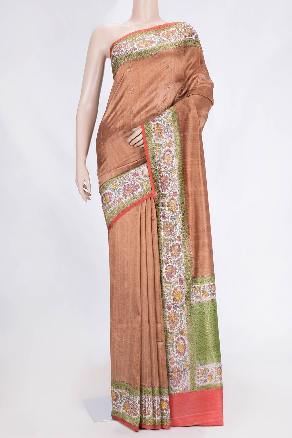 Brown Dual Tone Tussar Saree with Zari Butta on the body and Zari And Thread Border.  displayed on a mannequin