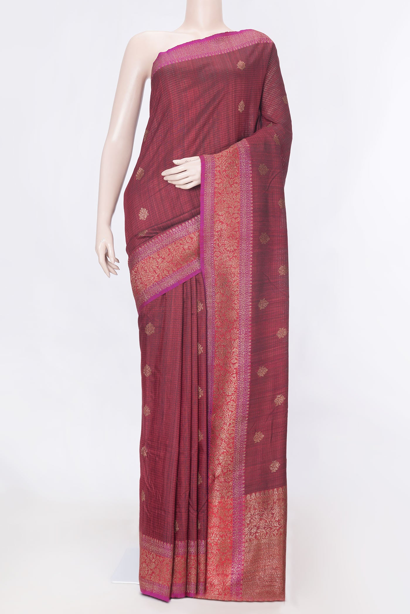 Deep Red Dual Tone Banarasi Silk Saree with Zari Butta on the body and Zari Border displayed on a mannequin