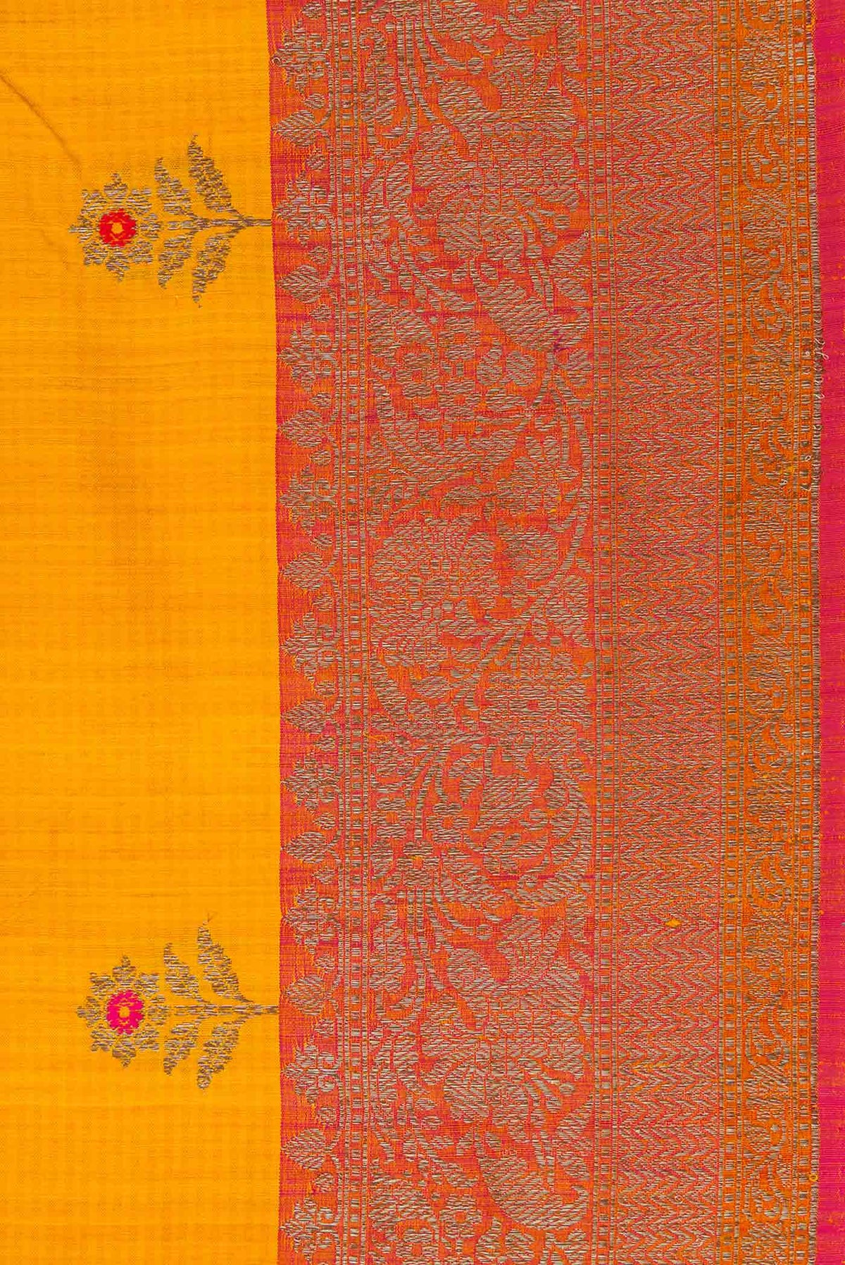 Border image of Yellow Banarasi Tussar Silk Saree with Zari And Thread Butta on the body and Zari Border
