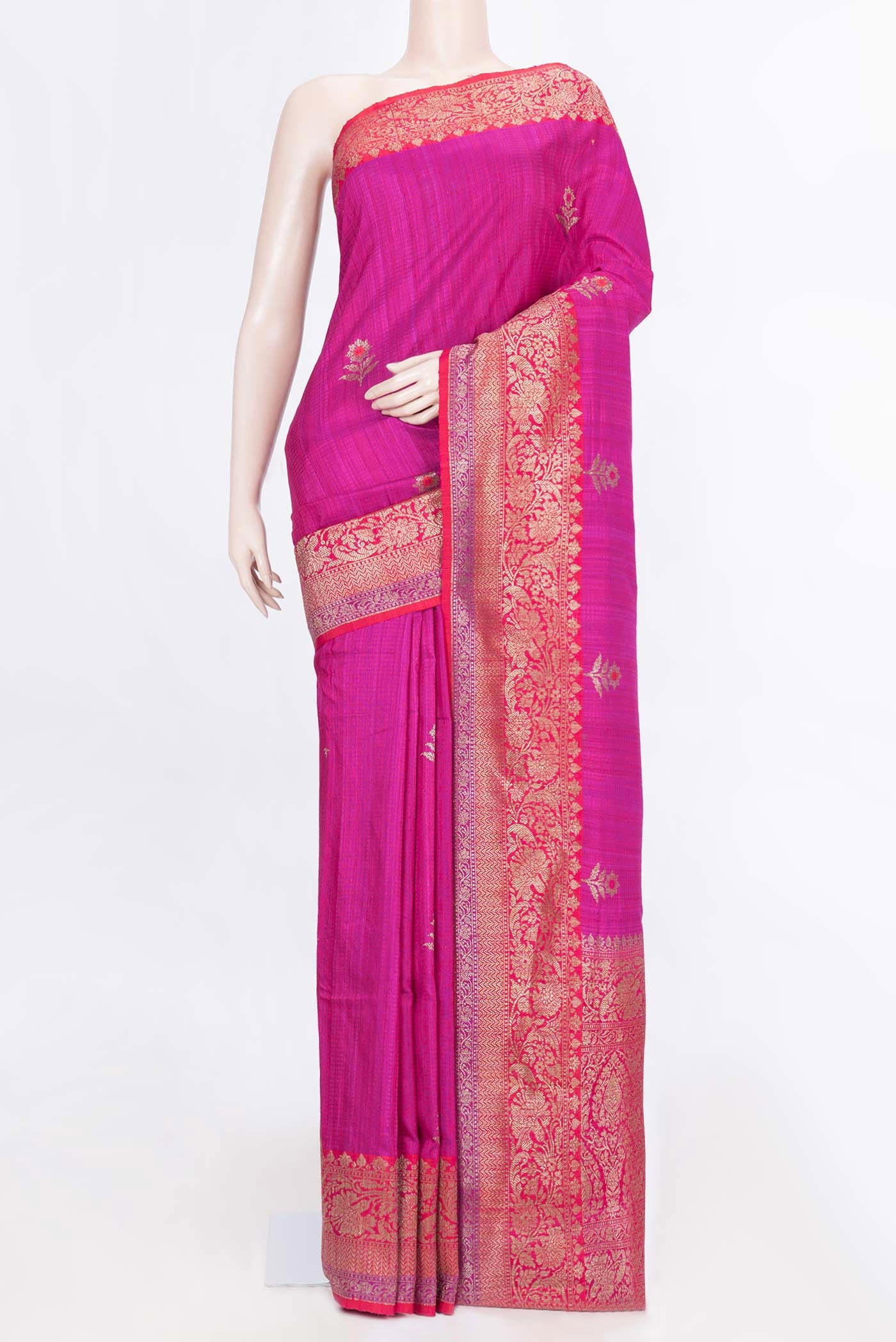 Pink Dual Tone Raw Silk Saree with Zari Butta on the body and Zari Border displayed on a mannequin