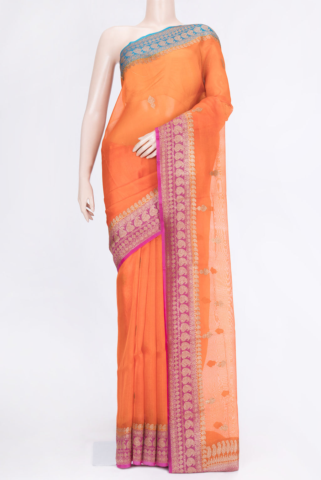 Peach Dual Tone Organza Silk Saree with Zari Butta on the body and Zari Border.  displayed on a mannequin