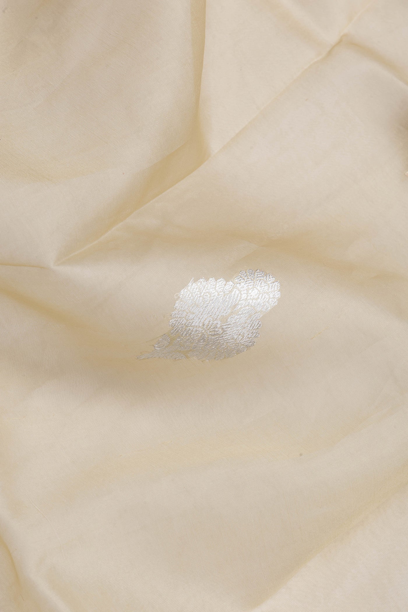 Close up of Sandal Dual Tone Organza Silk Saree with Zari Butta on the body and Zari Border.  displaying folds
