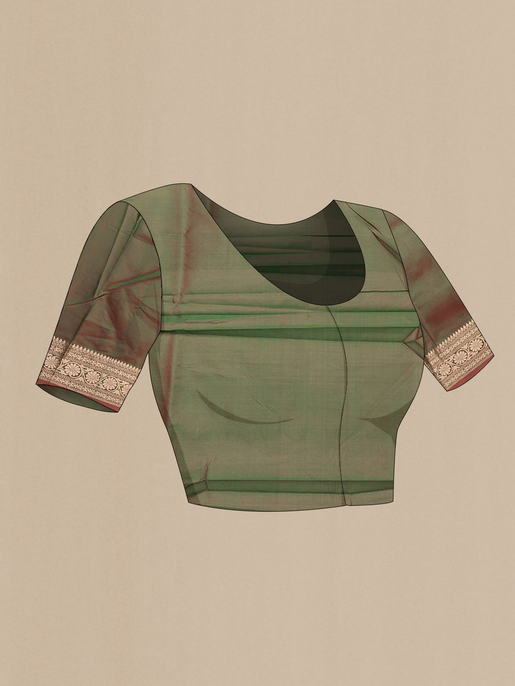 Close up image of the blouse of Mehandi Green Dual Tone Banarasi Silk Saree with Zari Butta on the body and Zari Border. 