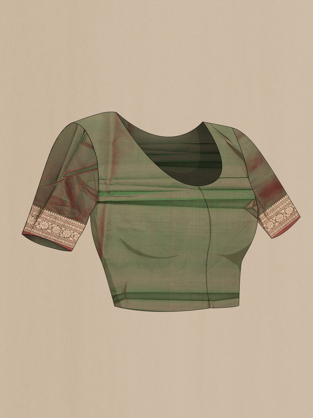 Close up image of the blouse of Mehandi Green Dual Tone Banarasi Silk Saree with Zari Butta on the body and Zari Border. 
