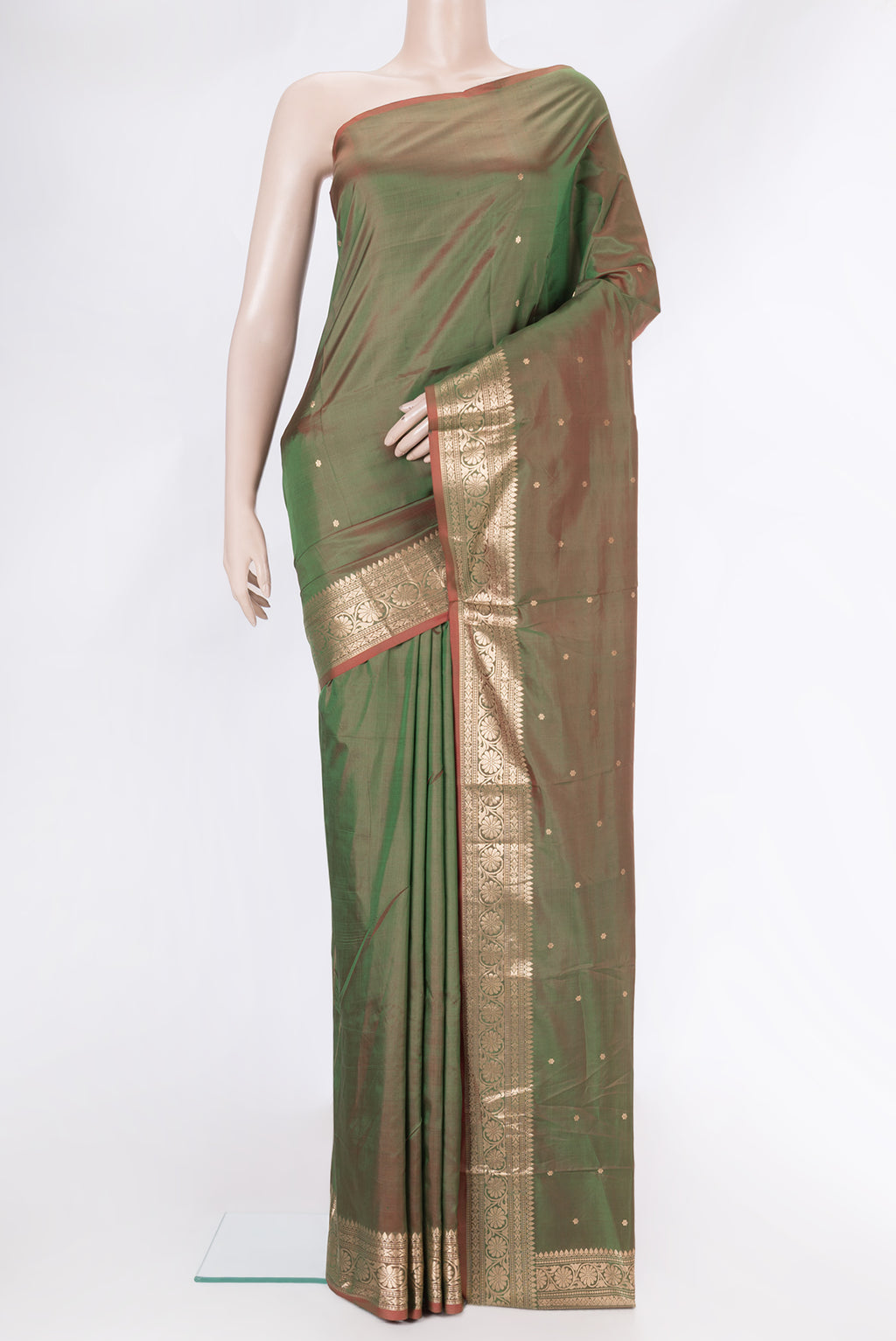 Mehandi Green Dual Tone Banarasi Silk Saree with Zari Butta on the body and Zari Border.  displayed on a mannequin