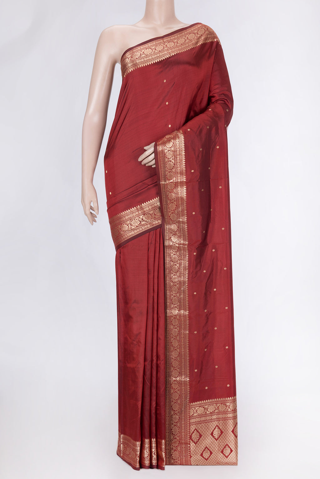 Maroon Dual Tone Banarasi Silk Saree with Zari Butta on the body and Zari Border.  displayed on a mannequin
