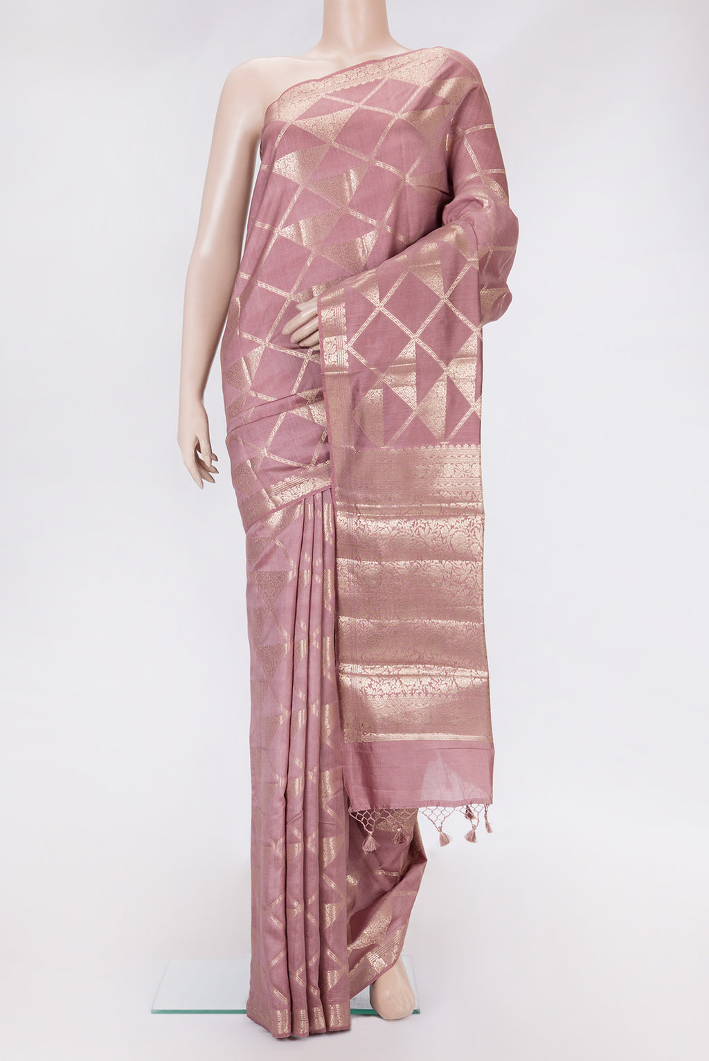 Purple Dual Tone Tussar Silk Saree with Zari Brocade on the body and Zari Border.  displayed on a mannequin