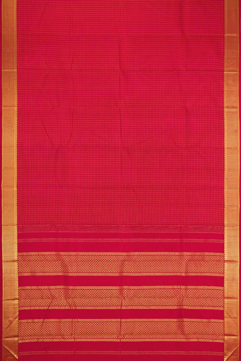 Flat view of Maroon Kanchipuram Silk Saree with Checked design on the body and Zari Border. 